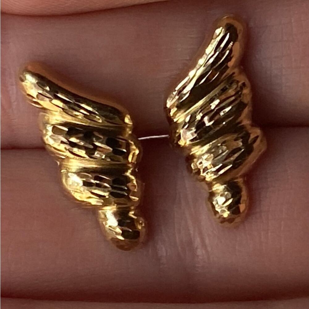 Vintage 14K Solid Yellow Gold Angel Wing Stud Earrings, 19 mm x 8 mm